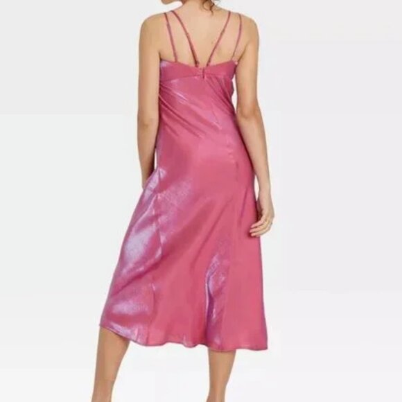 NWT, SZ L, Bias Cut Satin Midi Dress, Iridescent Pink - Picture 2 of 2